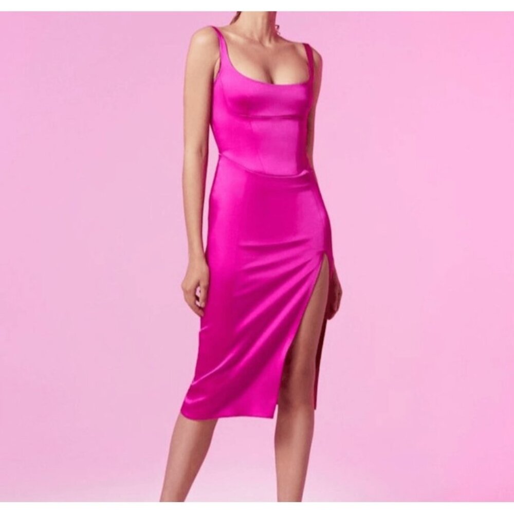 New Edit By Nine - S Hot Pink|Fuchsia Satin Spaghetti‎ Strap Dress Side Slit